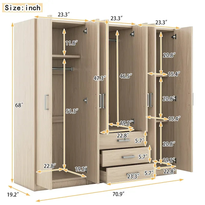 Armoire 6 portes en bois avec 3 grands tiroirs de rangement pour chambre à coucher