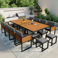 Ensemble de salle à manger d'extérieur 18 pièces en bois d'acacia, 8 chaises rembourrées, 8 poufs et 2 tables carrées