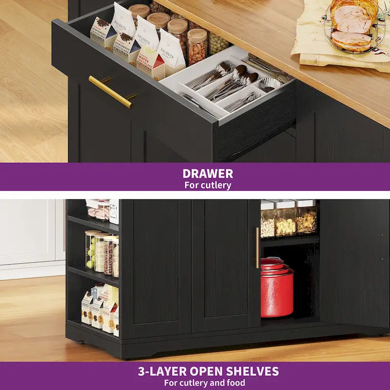 Îlot de cuisine roulant de 53 pouces, chariot de cuisine mobile portable