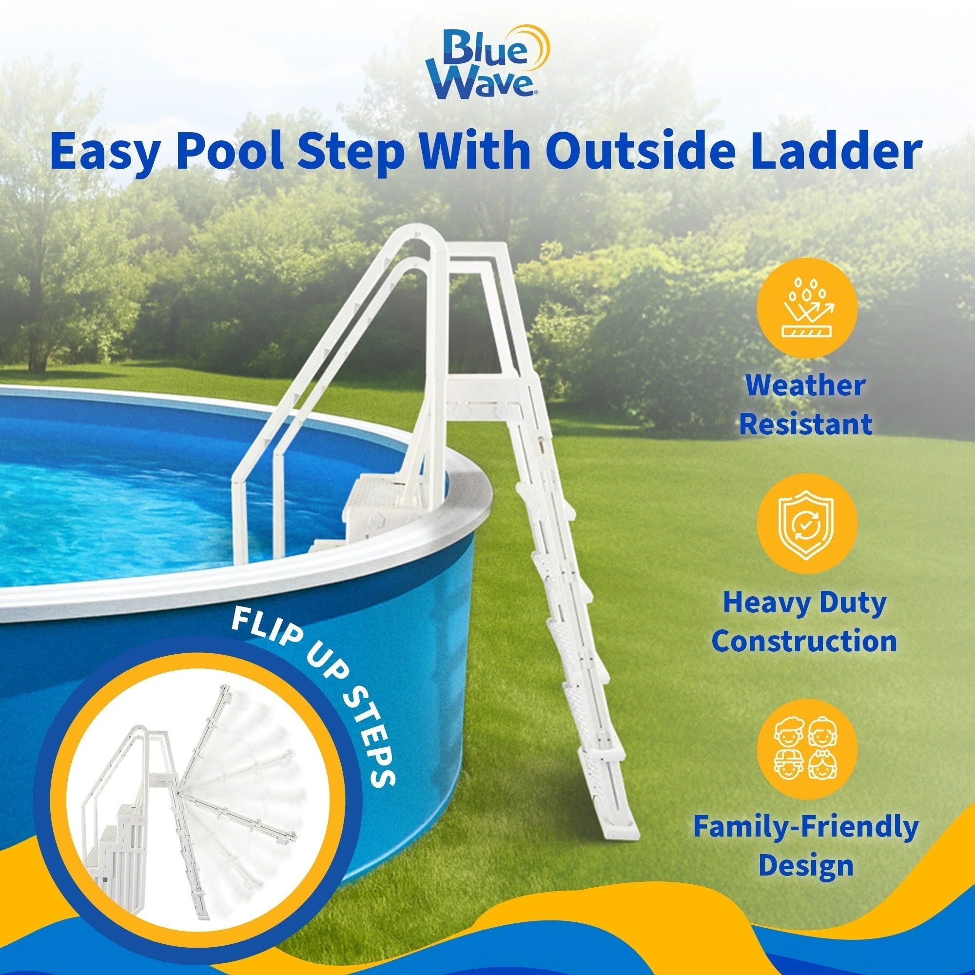 Escalier de piscine facile Blue Wave avec échelle extérieure pour piscines hors sol - 32,5 po L x 56 po P x 81 po H