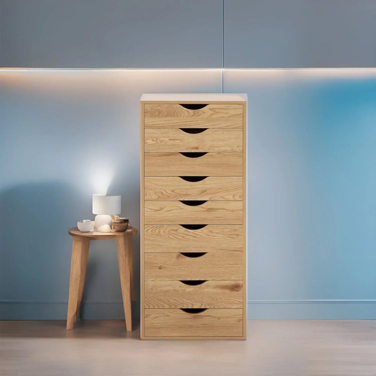 Étroite commode en bois à 9 tiroirs coulissants et étagère de rangement supérieure