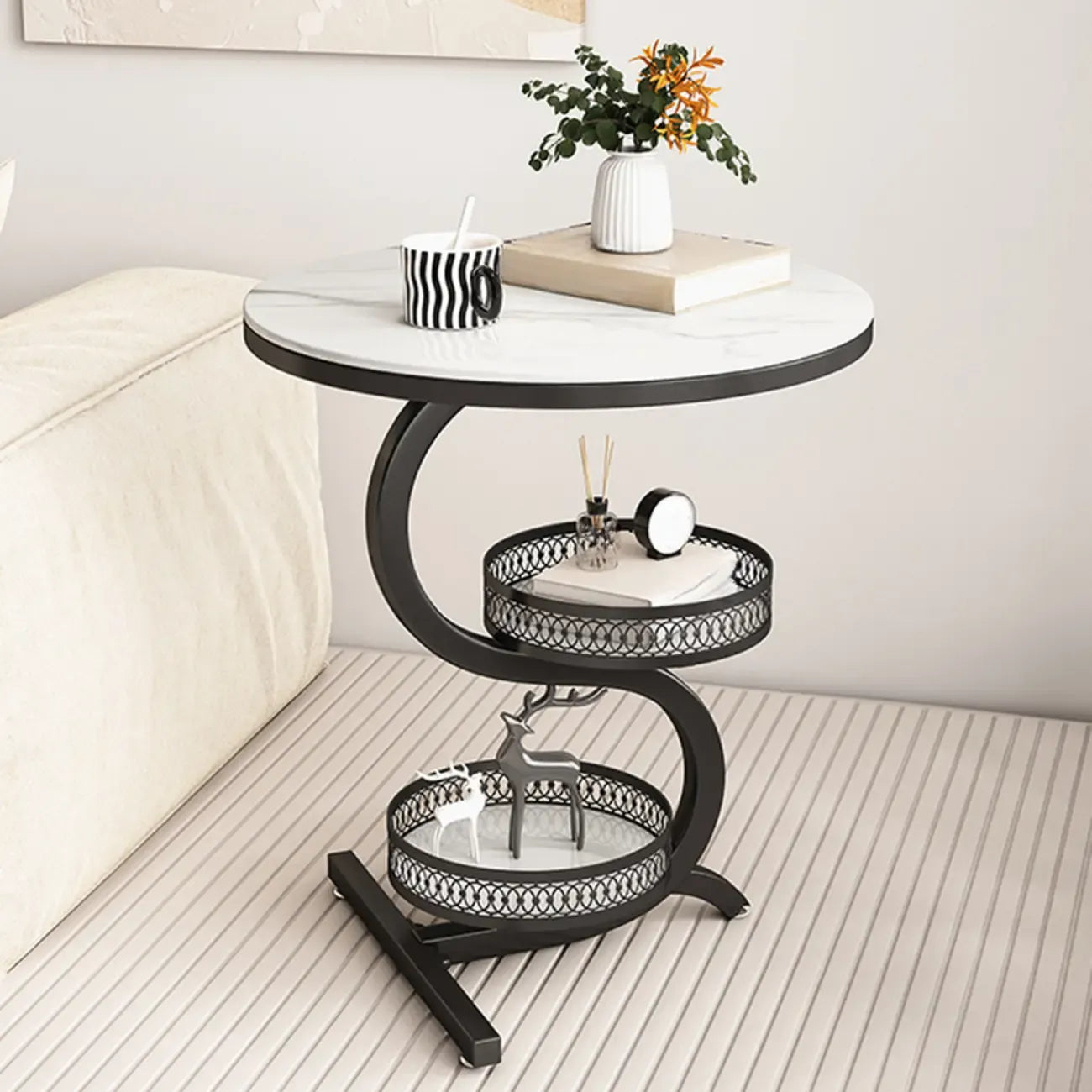 Table d'appoint de canapé en forme de S à 3 niveaux en pierre blanche avec rangement