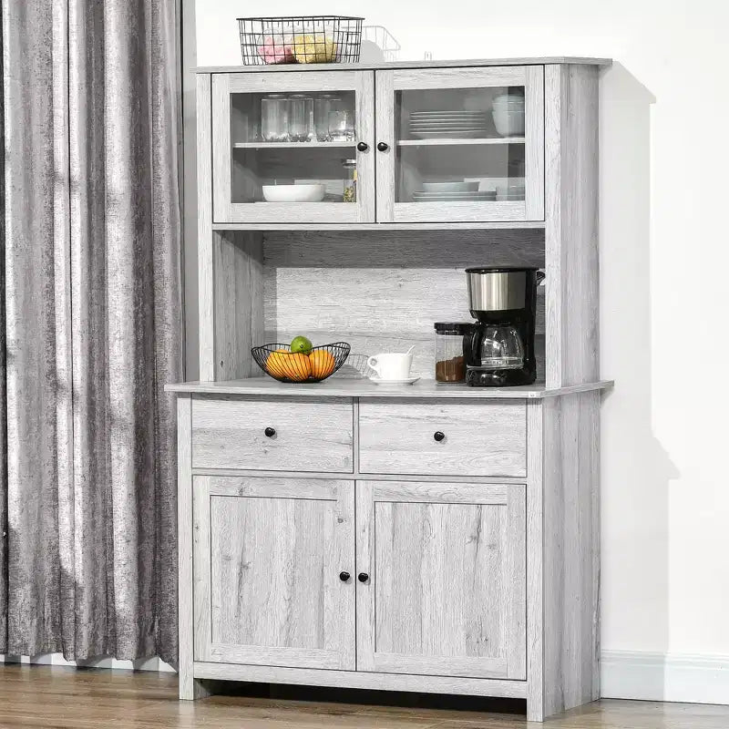 HOMCOM Buffet de cuisine 161 cm avec vaisselier, armoire de rangement avec 4 étagères, tiroirs, portes vitrées, comptoir ouvert pour micro-ondes