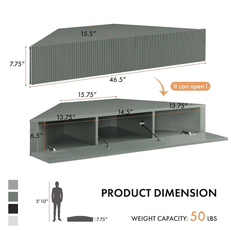 Meuble TV d'angle flottant de 119 cm, 3 étagères, style transitionnel, fixation murale gain de place