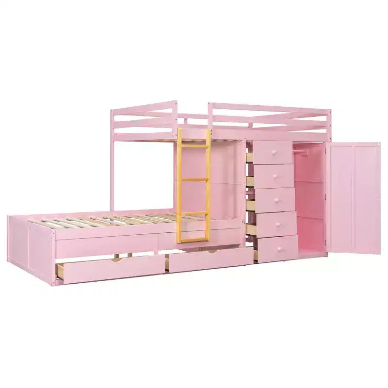Lit superposé double sur double avec armoire de rangement et tiroirs, lit superposé double en bois peu encombrant avec garde-corps pour appartement, chambre à coucher