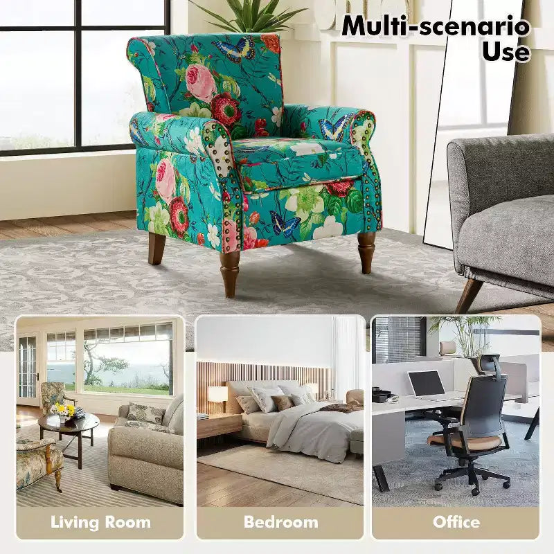 Fauteuil en bois traditionnel Araceli, rembourré à motifs floraux, avec dossier à oreilles et garniture cloutée | ART OF LIVING DESIGNS