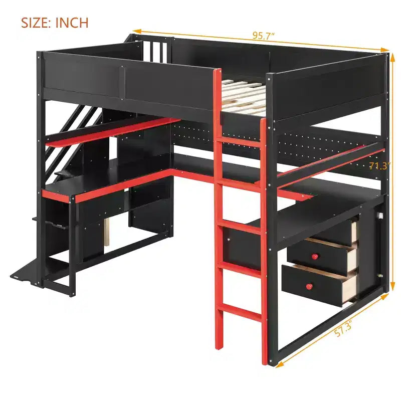 Lit mezzanine GDFStudio Scott en bois avec escalier de rangement, bureau, étagères et panneau perforé