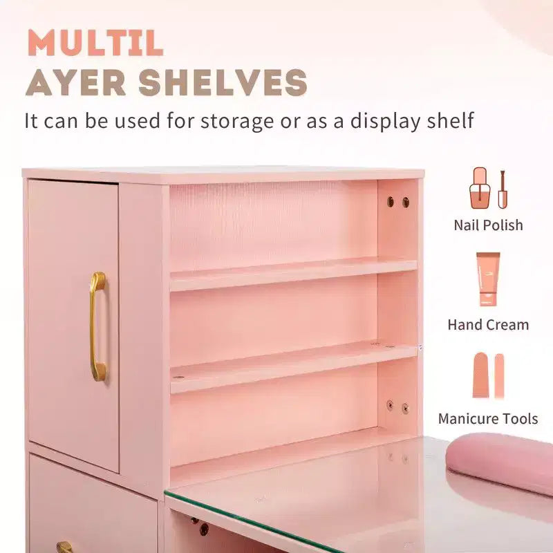 Bureau de manucure moderne noir/rose avec plateau en verre et repose-poignet, poste unique