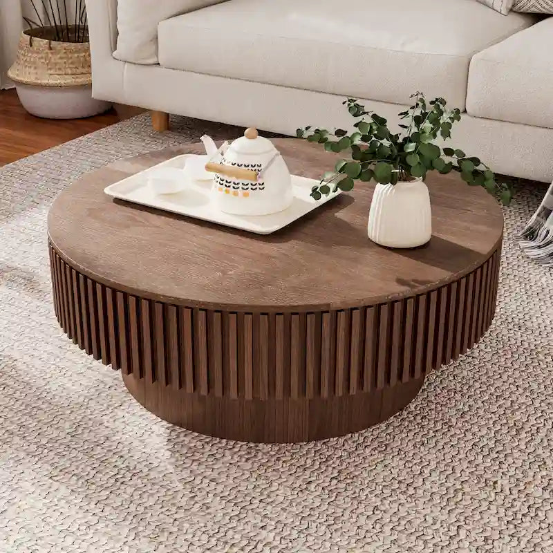 Table basse/de salon ronde moderne plaquée en bois massif avec rangement