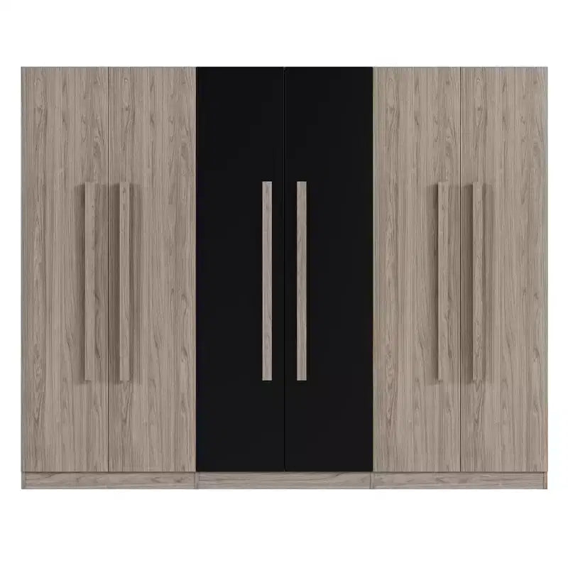 83W Armoire 6 Portes, Rangement de Vêtements avec 2 Tiroirs, Tringles et Étagères, Noir+Naturel-ModernLuxe