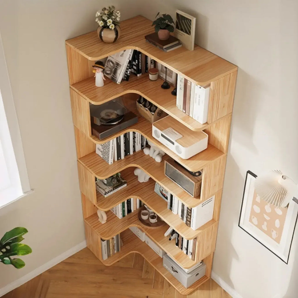 Bibliothèque verticale en bois en L à dos ouvert, finition naturelle