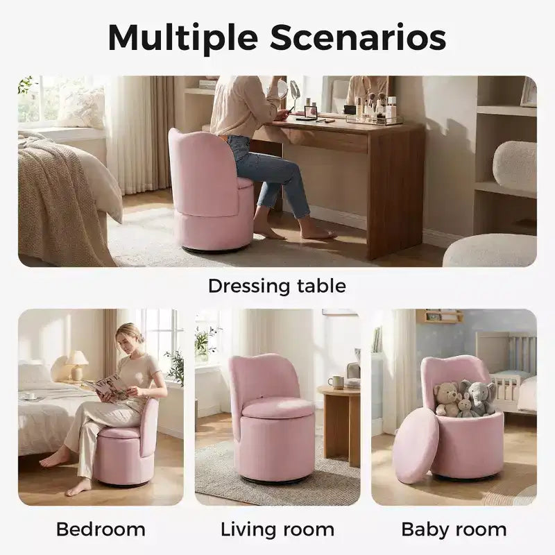Chaise de vanité pivotante avec rangement, tabouret de maquillage rond rembourré avec dossier, fauteuil d'appoint rembourré doux pour chambre et salon