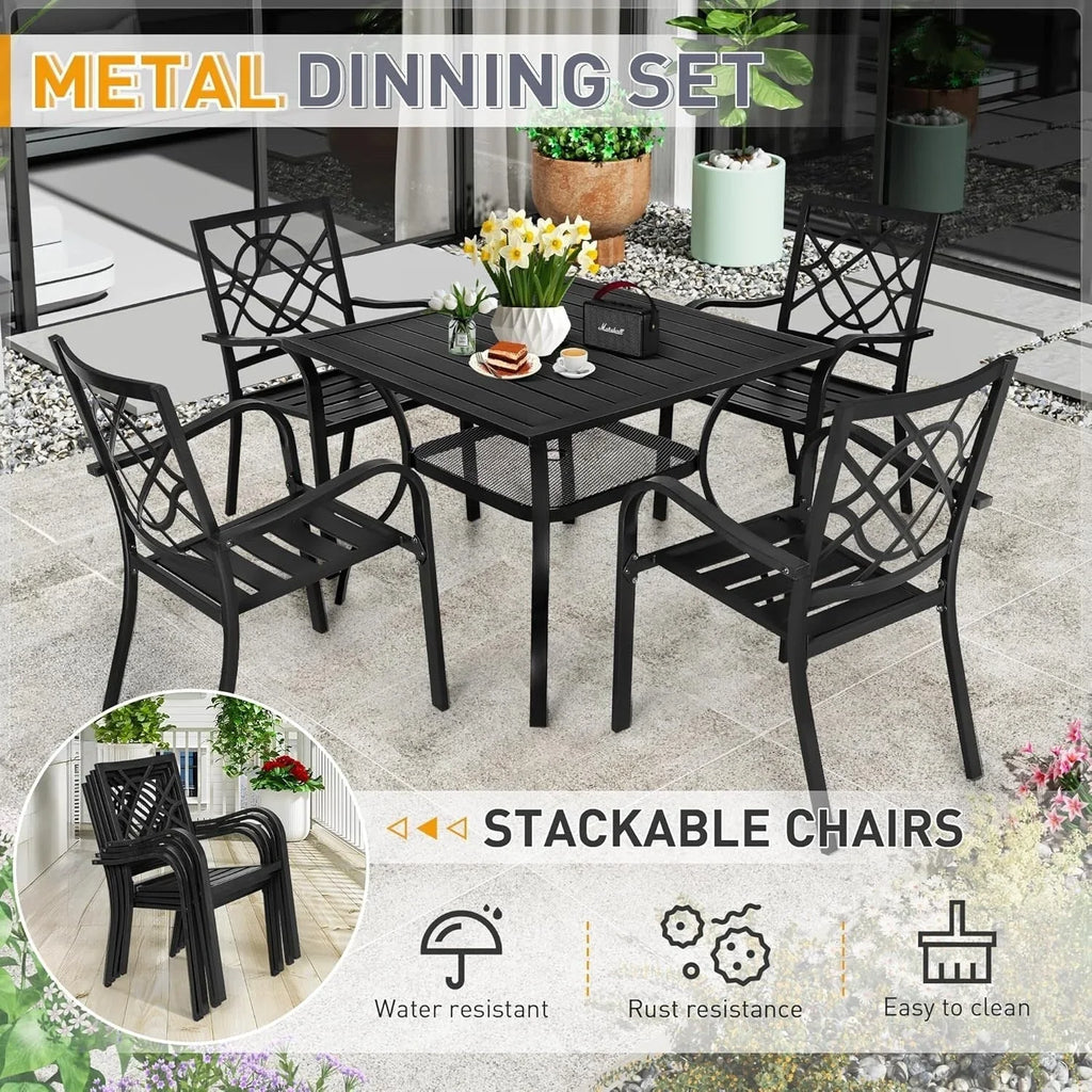 SUNCROWN Salon de jardin 5/7 pièces en acier avec table à lattes métalliques et chaises empilables Structure thermolaquée