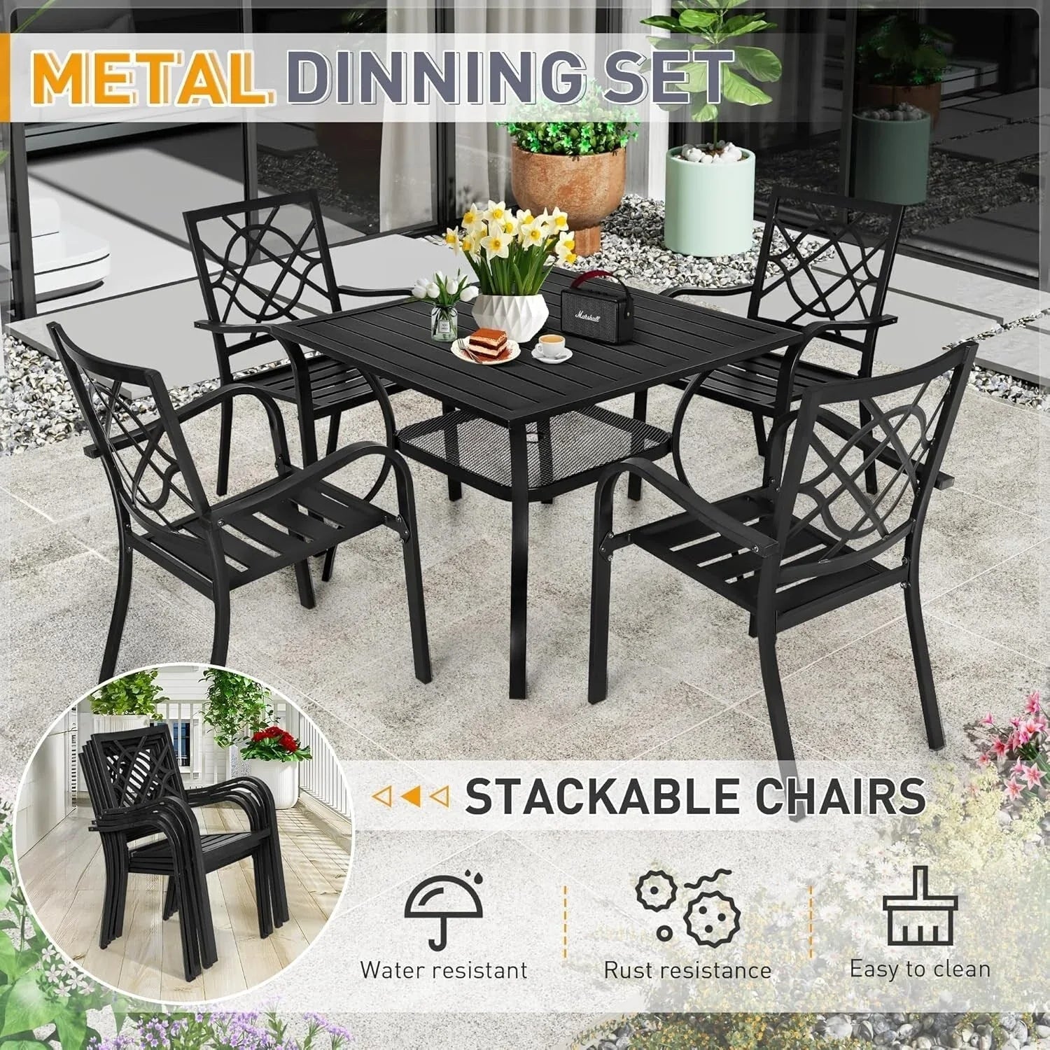 SUNCROWN Salon de jardin 5/7 pièces en acier avec table à lattes métalliques et chaises empilables Structure thermolaquée
