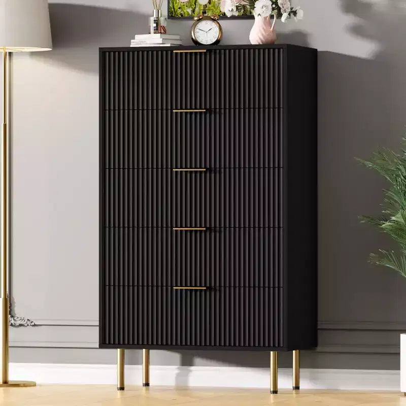 Commode à 5 tiroirs blanche / marbre et bois – Panneau cannelé, pour 1 personne