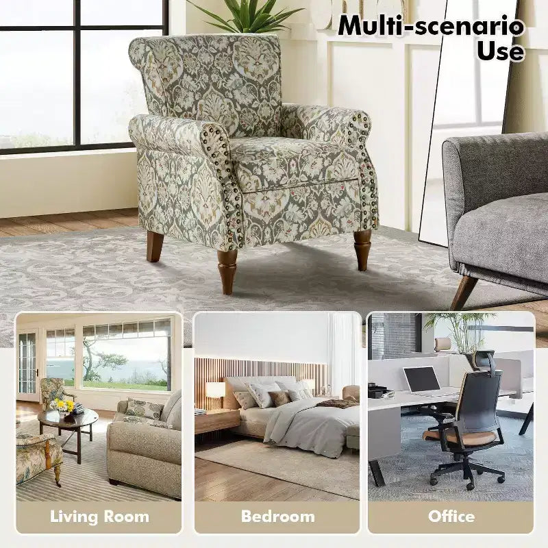 Fauteuil en bois traditionnel Araceli, rembourré à motifs floraux, avec dossier à oreilles et garniture cloutée | ART OF LIVING DESIGNS