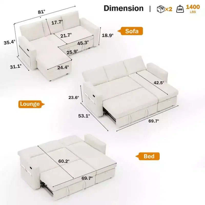 Canapé-lit convertible 2-en-1 avec méridienne de rangement, canapé d'angle en chenille avec ports USB pour salon