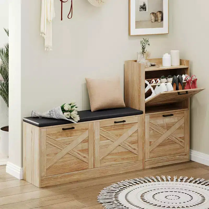 Banc avec 4 tiroirs relevables et coussin de siège rembourré, Étagère à chaussures étroite en bois, Convient pour le banc d'entrée de salon