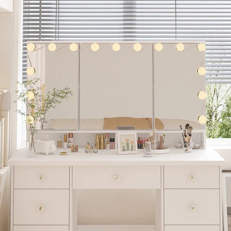 Coiffeuse LED de luxe avec 9 tiroirs, station de maquillage élégante