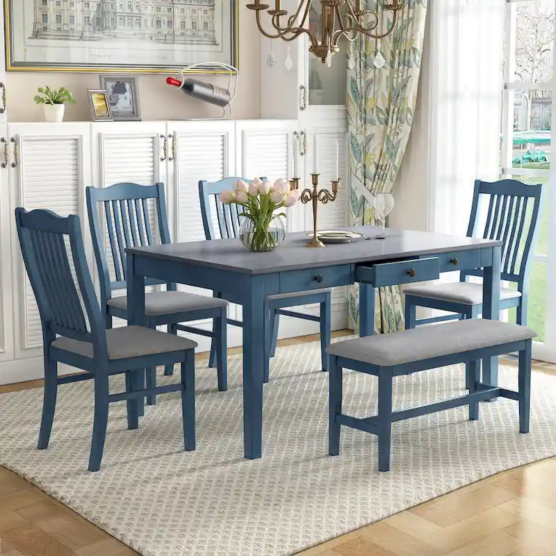 Ensemble de salle à manger 6 pièces en bois avec 4 chaises et un banc, table avec tiroir