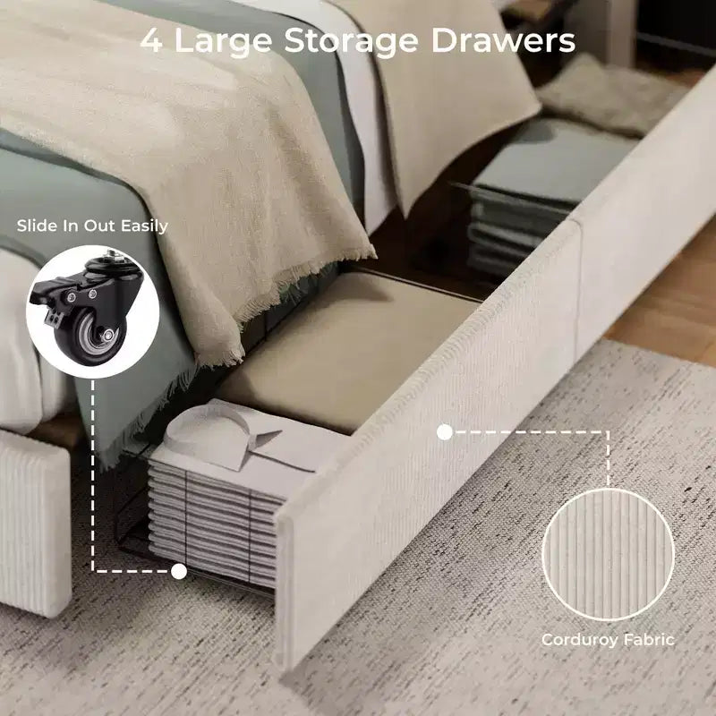 CuisinSmart Cadre de lit en velours côtelé avec tête de lit, cadre de lit rembourré avec plateforme, 4 tiroirs de rangement et support à lattes en bois