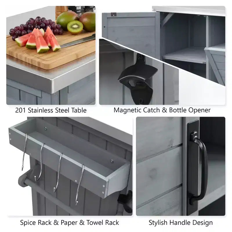 Îlot de cuisine d'extérieur FAMYYT de 198,9 cm avec comptoir en acier inoxydable, station de barbecue pliable et armoires de rangement, Bleu Gris