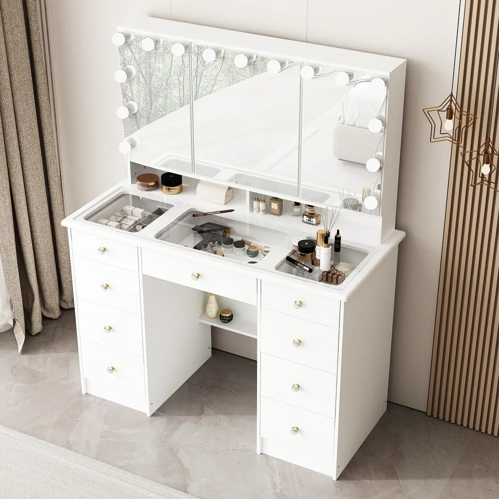 Coiffeuse avec miroir triptyque éclairage certifié et plateau en verre