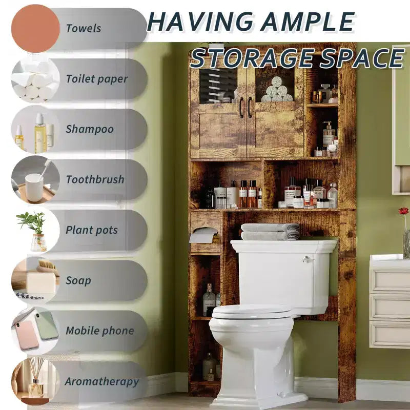 Meuble de rangement pour toilettes – Organisateur de salle de bain de style ferme de 171 cm de haut avec étagère réglable et porte en verre pour salle de bain, buanderie