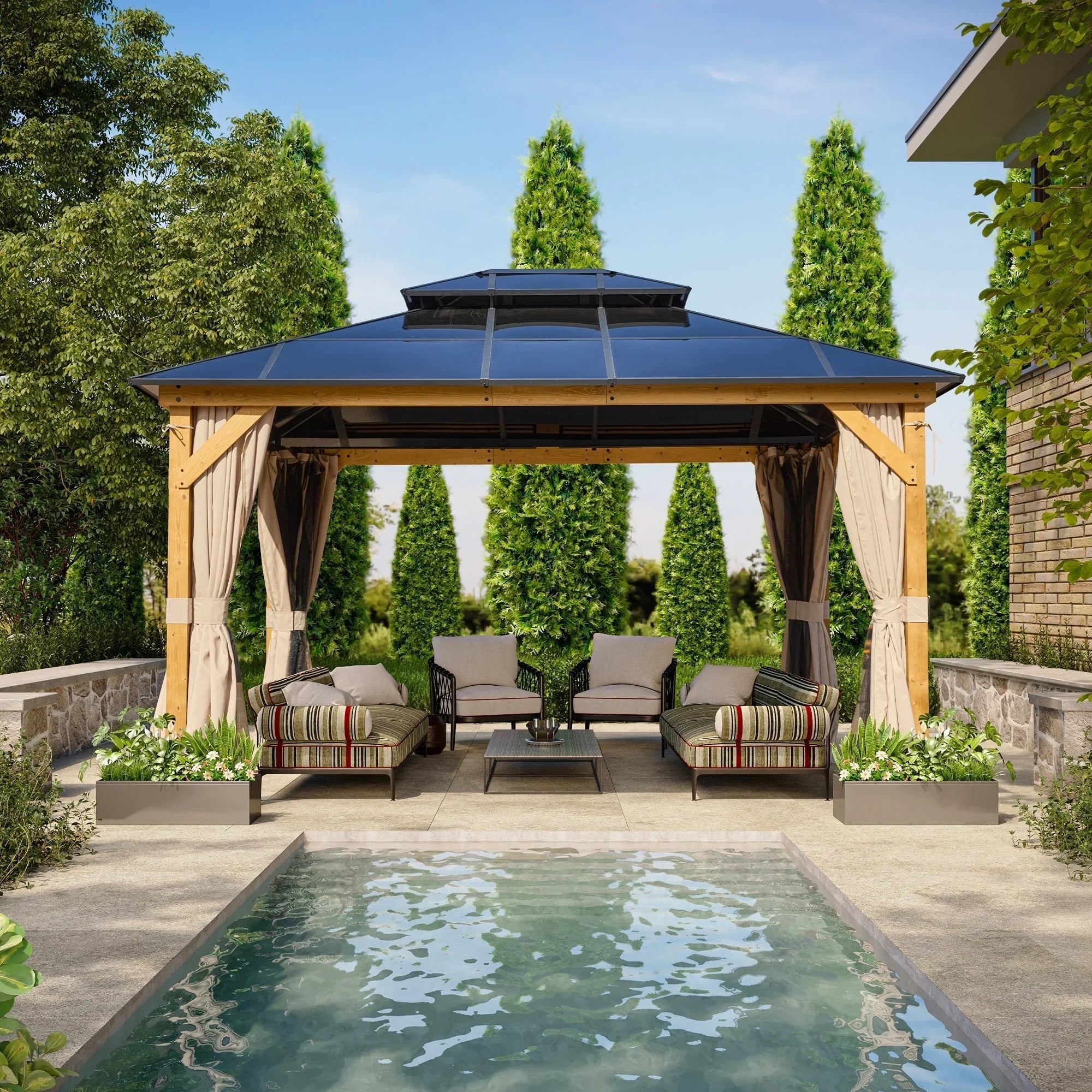 Tonnelle EROMMY à toit rigide, pergola extérieure avec double toit, moustiquaire et rideaux, auvent robuste pour patio, jardin, fête au bord de la piscine