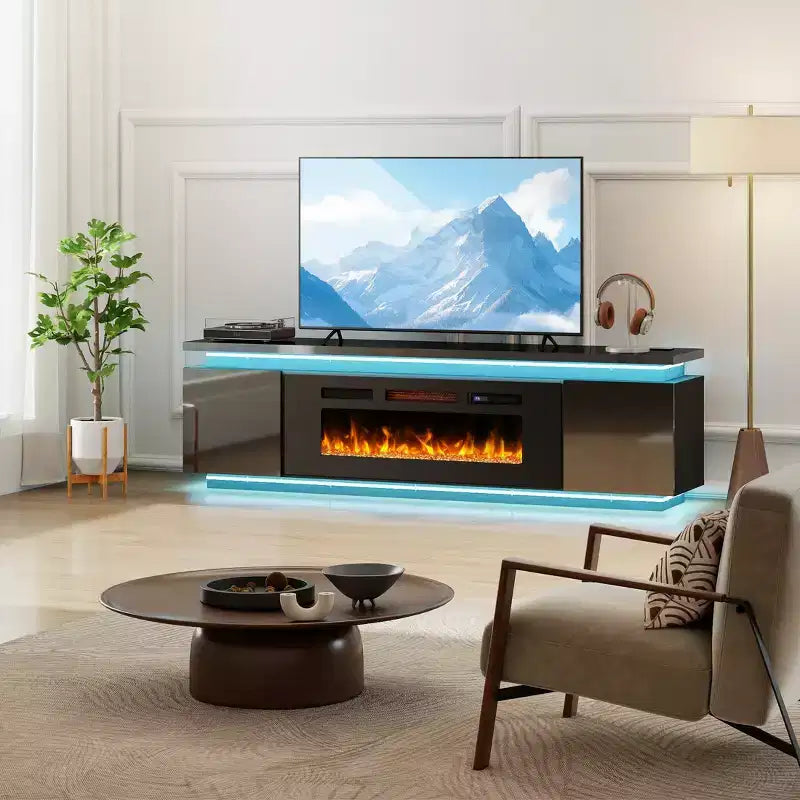 Meuble TV Skyzoo avec foyer électrique intégré, pour téléviseurs jusqu'à 80 pouces, avec lumières LED et 4 prises CA, console TV pour salon