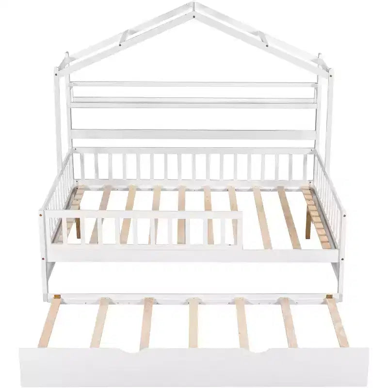 Acekool Lit cabane grandeur nature avec lit gigogne double, tiroirs de rangement et étagères, toit et clôture, lit plateforme pour enfants, blanc