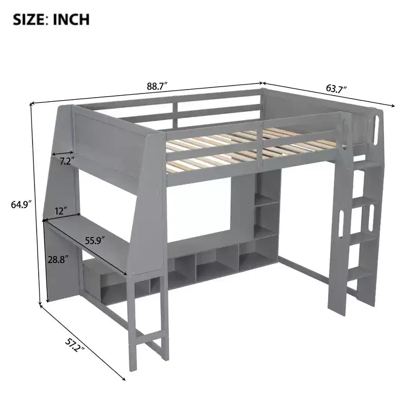 Lit mezzanine gaming Whisen Wood de taille double avec bureau, étagères multi-rangements, LED et une penderie suspendue
