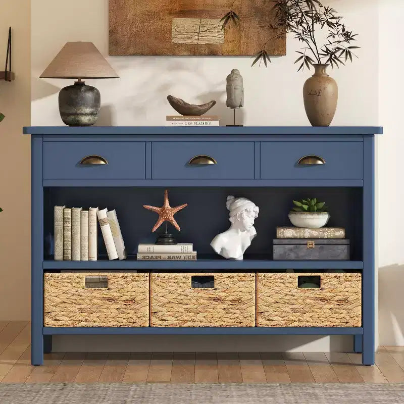 Console de table d'entrée avec rangement, table de couloir de style ferme avec 3 tiroirs et 3 paniers en jacinthe d'eau pour salon ou hall d'entrée - Panipeachy