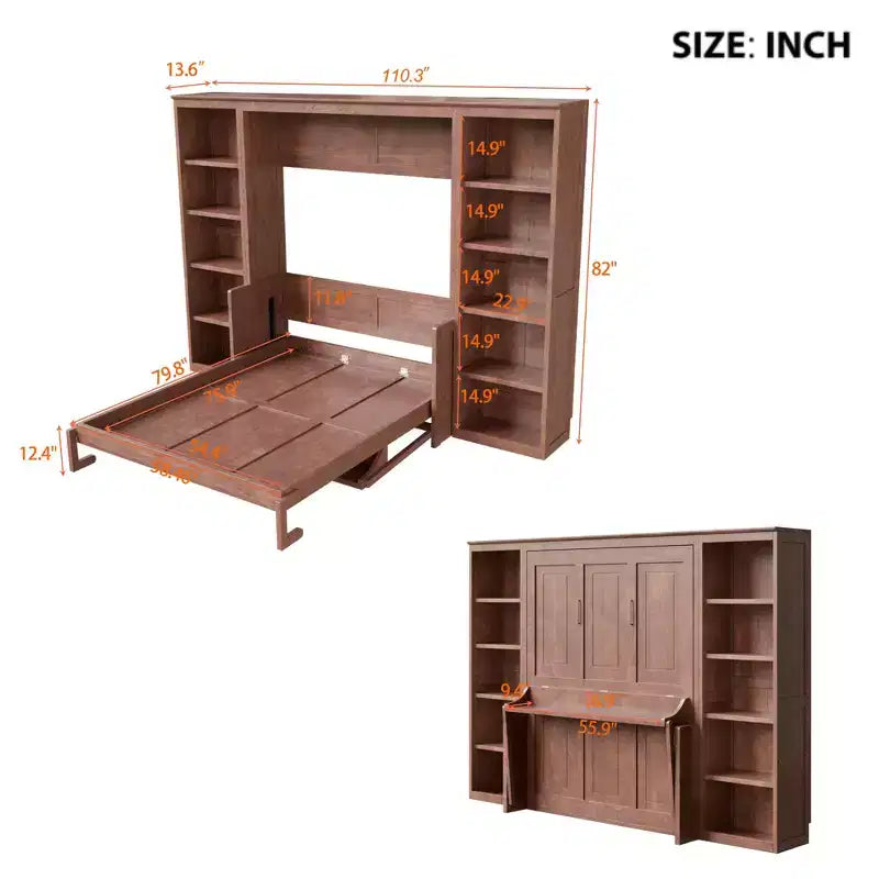 Lit escamotable grand lit/deux places avec bureau et étagère, brun foncé - ModernLuxe