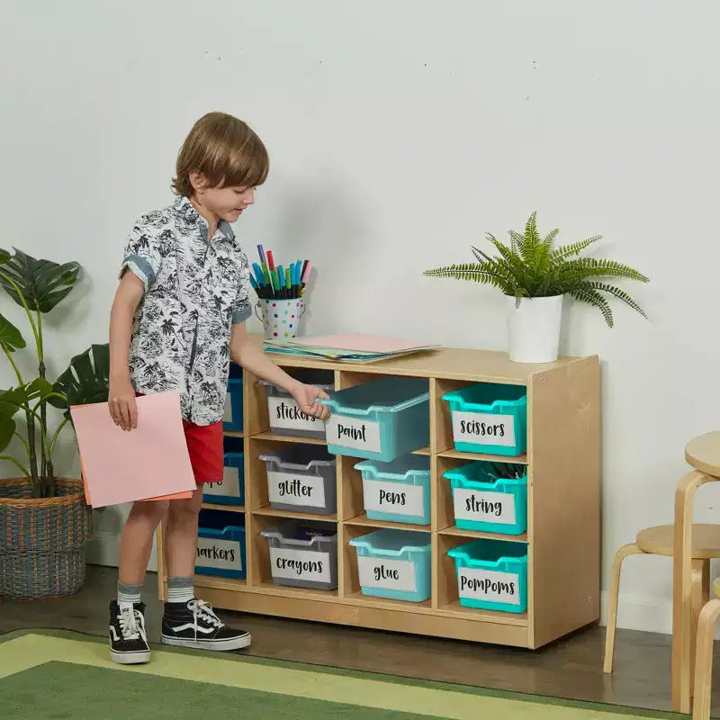 Meuble de rangement à roulettes Cubby avec 15 bacs à ouverture frontale, 3x4, Meuble pour enfants