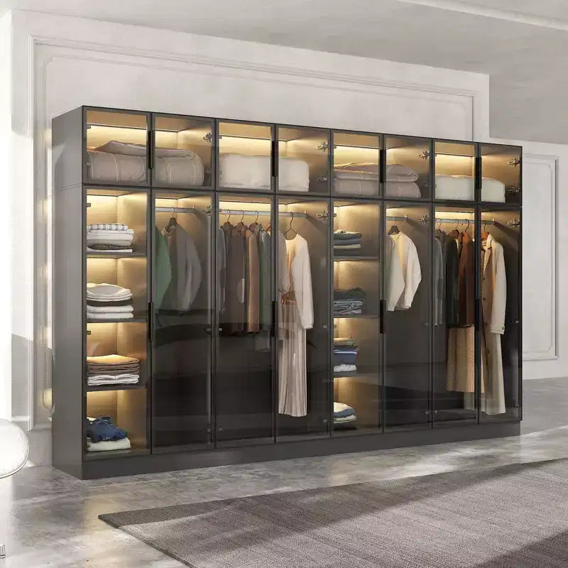 Armoire de luxe Hitow Pure Black avec portes en verre trempé, armoire LED 3 couleurs, organisateur de placard de chambre du sol au plafond, placard de dressing