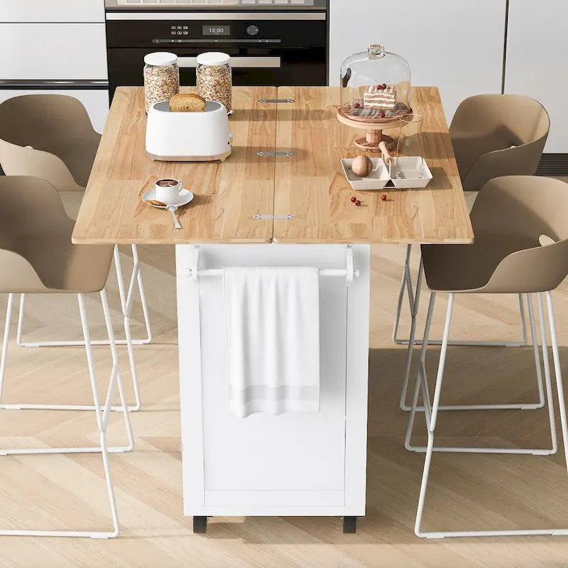 Îlot de cuisine avec plan de travail pliable, desserte de rangement de cuisine avec étagère coulissante, porte-serviettes et tiroir, roulettes.