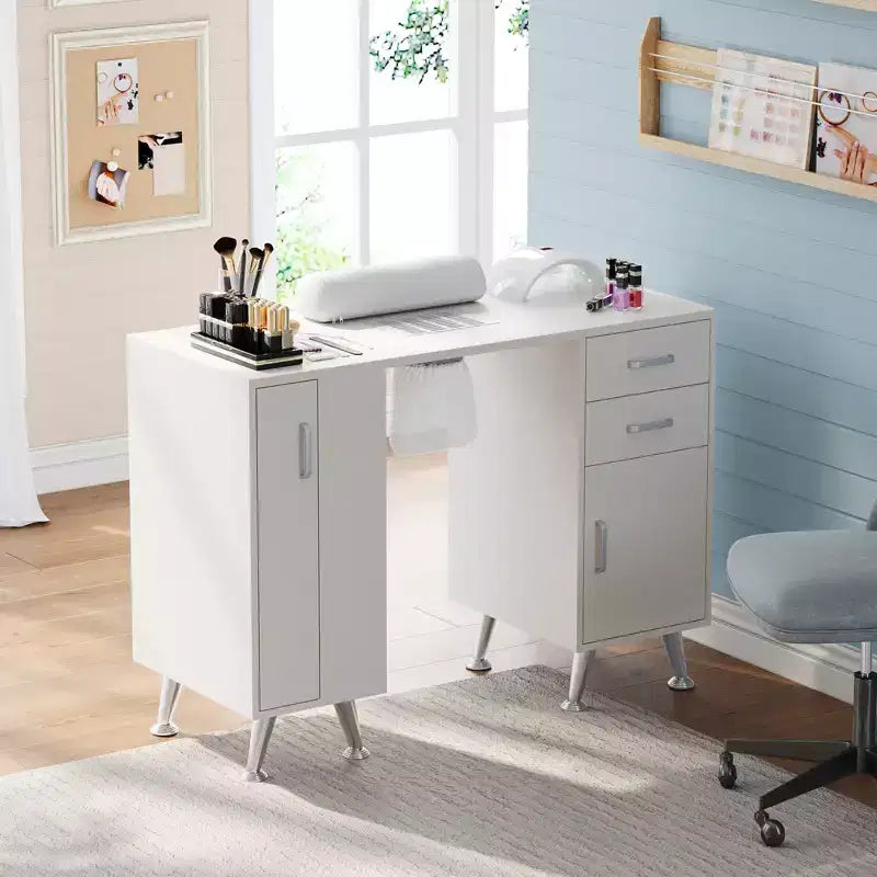 Table de manucure 42 pouces pour styliste ongulaire avec collecteur de poussière et repose-poignet, bureau pour ongles avec casier vertical coulissant, 1 armoire de rangement, 2 tiroirs