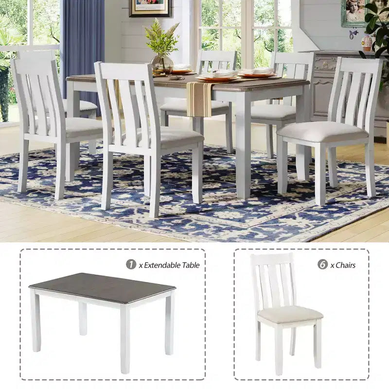 Ensemble de salle à manger extensible de style ferme pour 6 personnes, table rectangulaire et 6 chaises rembourrées