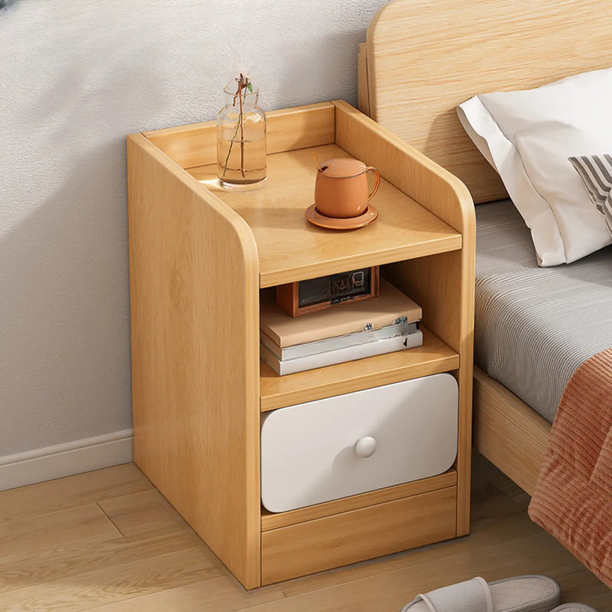 Table de chevet simple en bois naturel blanc à 2 tiroirs