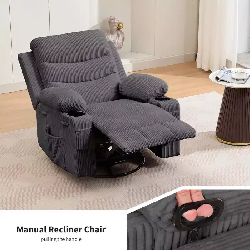 Fauteuil inclinable surdimensionné 360 pivotant et berçant avec massage et chaleur - Fauteuil de salon ergonomique avec porte-gobelets, poches latérales pour salon, chambre de bébé
