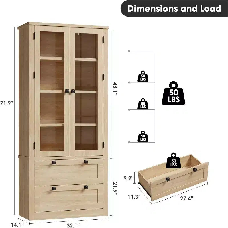 Vaisselier de cuisine de ferme avec portes vitrées, Armoire de rangement de 183 cm avec tiroirs et étagères réglables pour salle à manger, salle de bain, salon