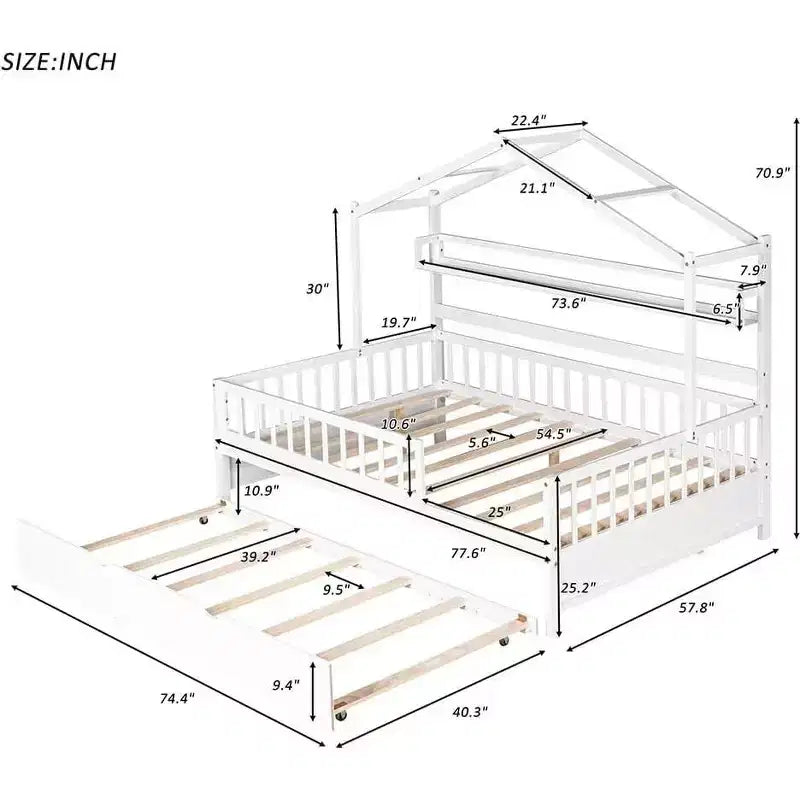 Acekool Lit cabane grandeur nature avec lit gigogne double, tiroirs de rangement et étagères, toit et clôture, lit plateforme pour enfants, blanc