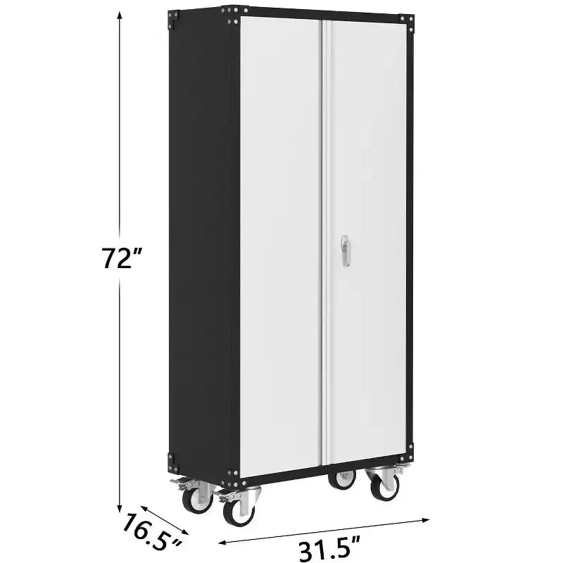 Armoire de rangement de garage avec roues et panneau perforé, armoire de rangement métallique verrouillable de 72 po de hauteur avec 2 portes et 4 étagères réglables pour atelier de garage