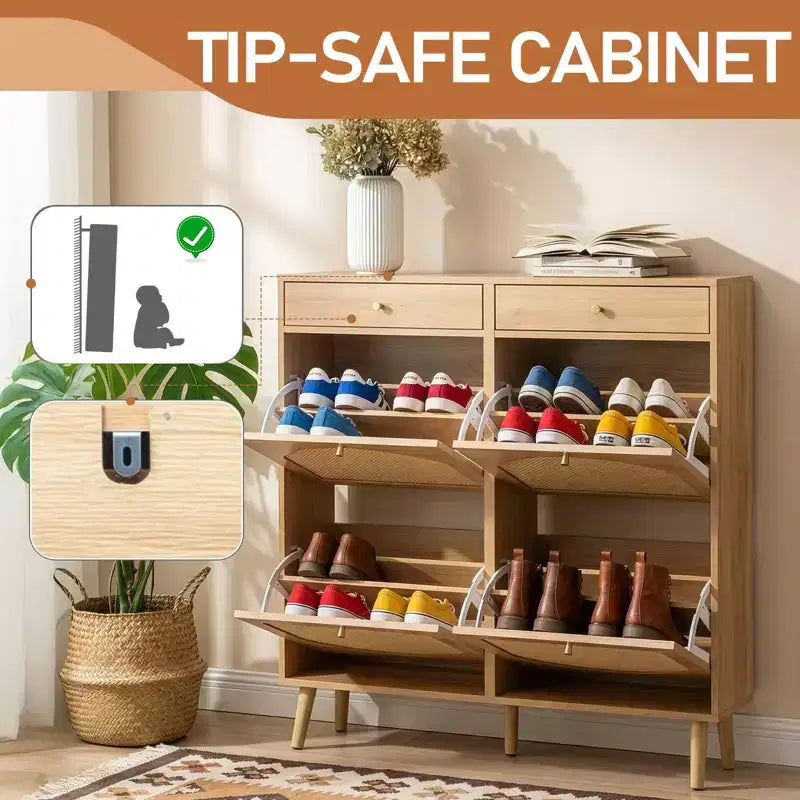 Karl Home Meuble à chaussures en rotin avec 2 tiroirs et 4 compartiments basculants en panneaux de particules 105 cm (L)