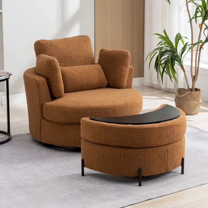Fauteuil d'appoint pivotant rembourré 42,3 W avec 4 oreillers et pouf de rangement demi-lune