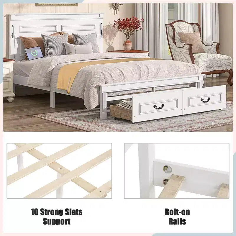 ModernLuxe Lit plateforme Queen/King Size avec tête de lit haute, cadre de lit rustique en bois avec 2 tiroirs, lumières LED et ports USB