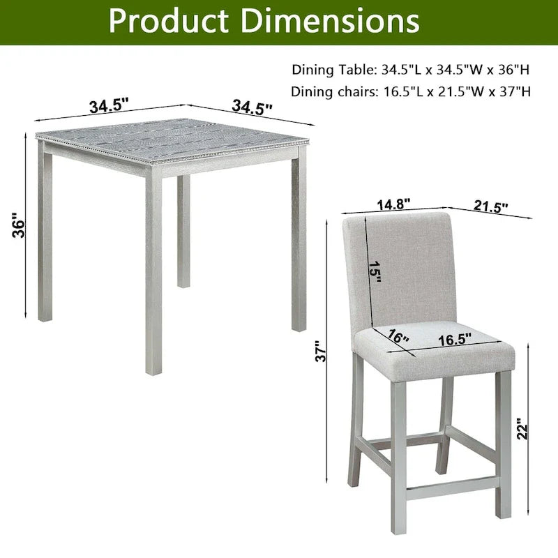 Ensemble de salle à manger moderne 5 pièces avec table carrée hauteur comptoir et 4 chaises rembourrées