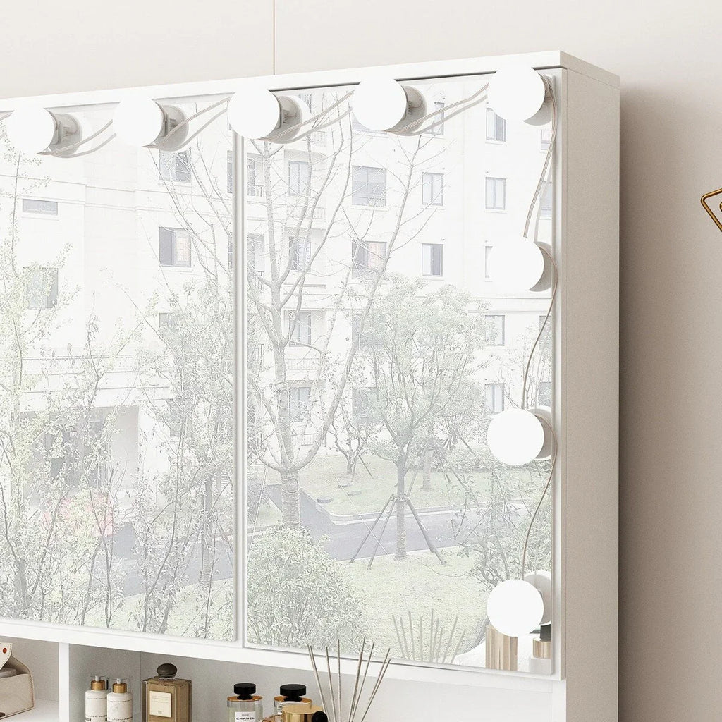 Coiffeuse avec miroir triptyque éclairage certifié et plateau en verre