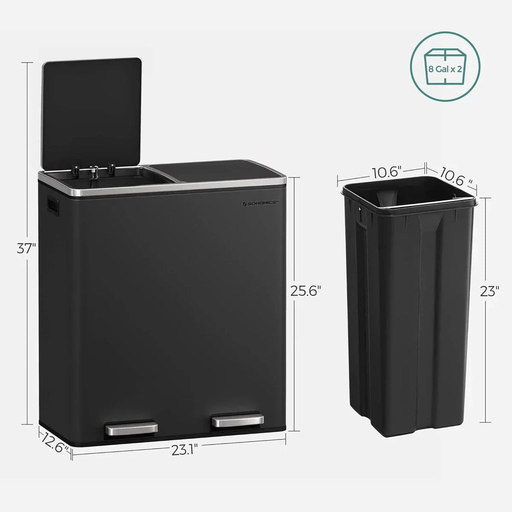 SONGMICS Poubelle double, 60L, en acier inoxydable, noire